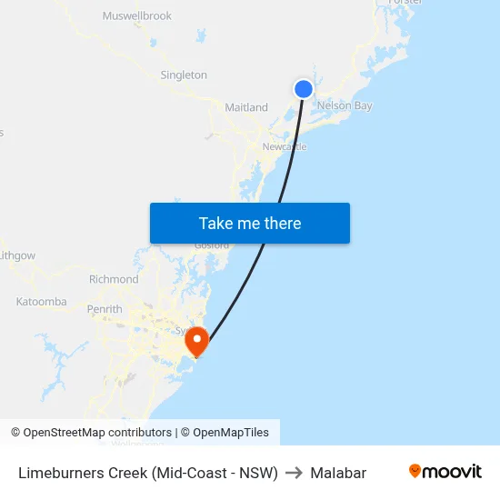 Limeburners Creek (Mid-Coast - NSW) to Malabar map