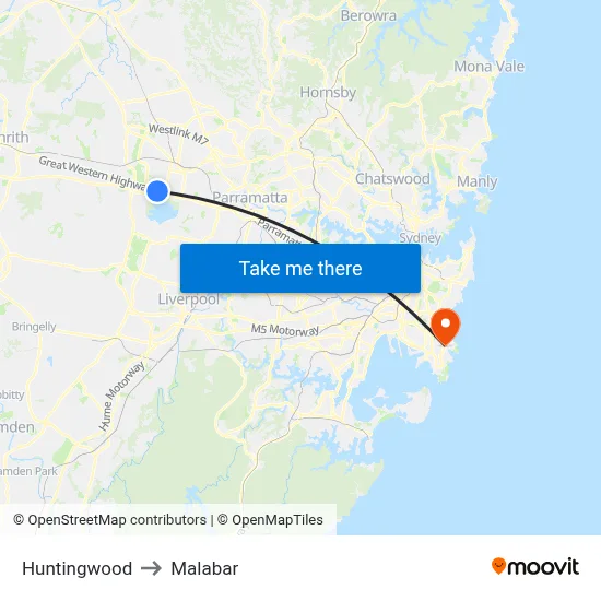 Huntingwood to Malabar map