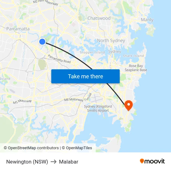 Newington (NSW) to Malabar map