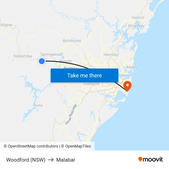 Woodford (NSW) to Malabar map