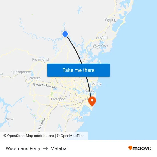Wisemans Ferry to Malabar map