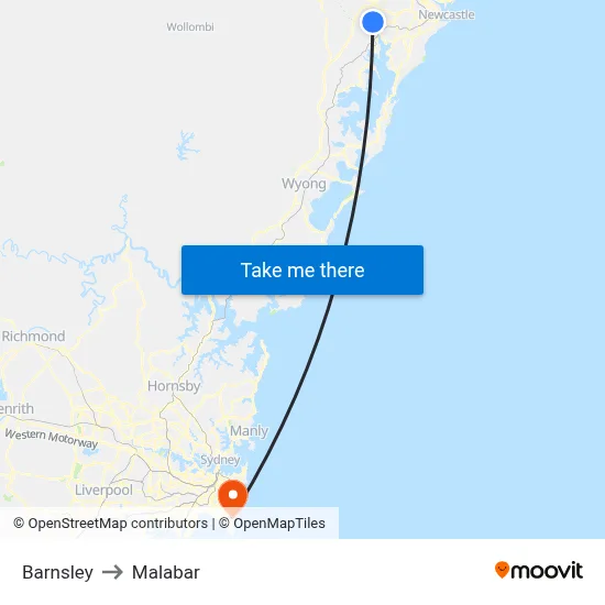 Barnsley to Malabar map