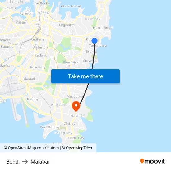 Bondi to Malabar map