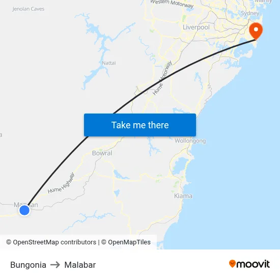 Bungonia to Malabar map