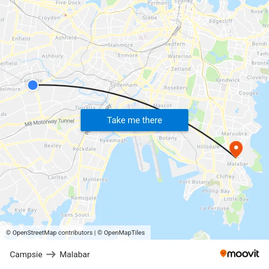 Campsie to Malabar map