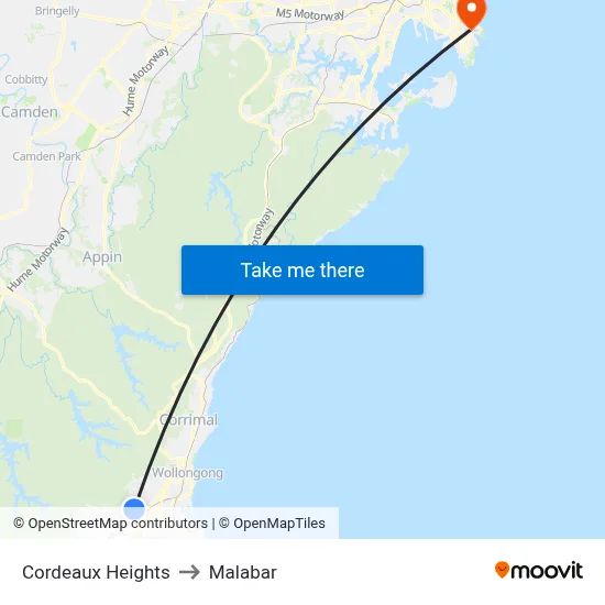 Cordeaux Heights to Malabar map