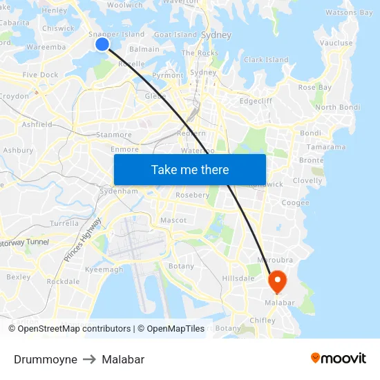 Drummoyne to Malabar map