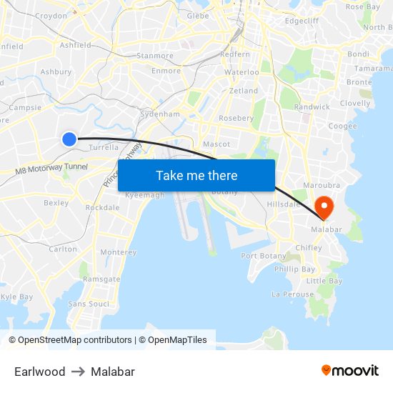 Earlwood to Malabar map