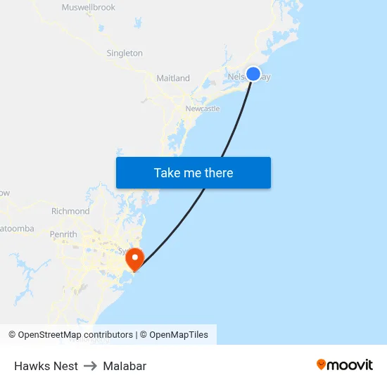 Hawks Nest to Malabar map