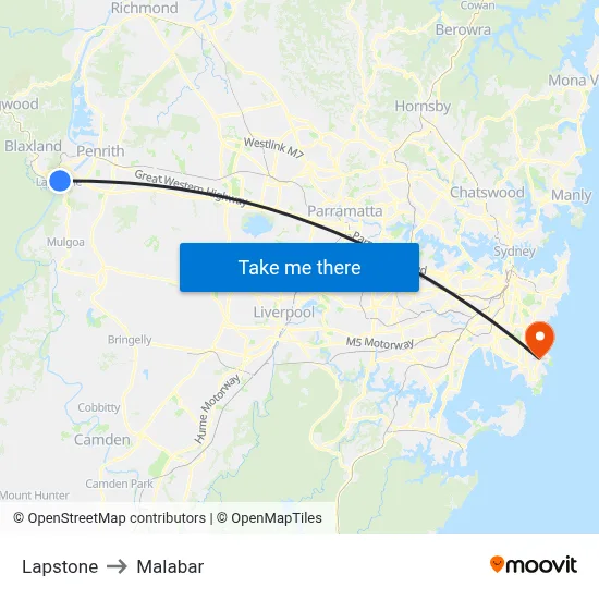 Lapstone to Malabar map