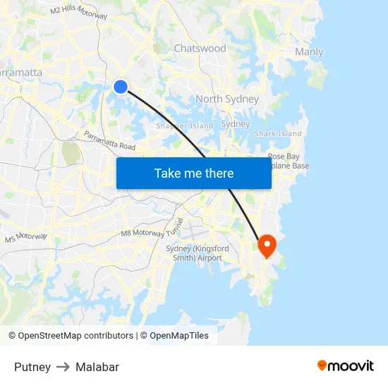 Putney to Malabar map