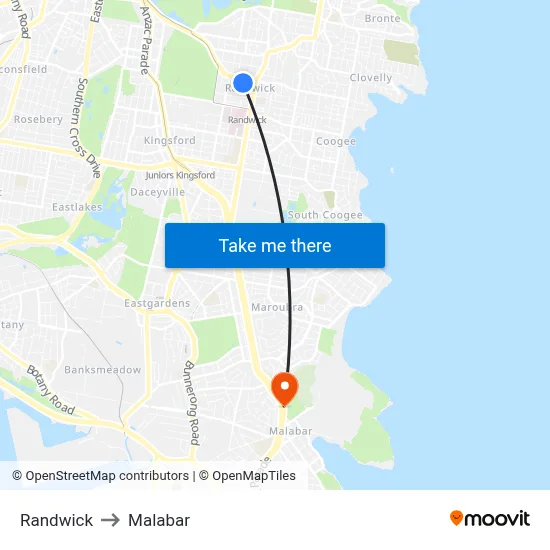 Randwick to Malabar map