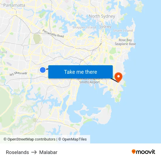 Roselands to Malabar map