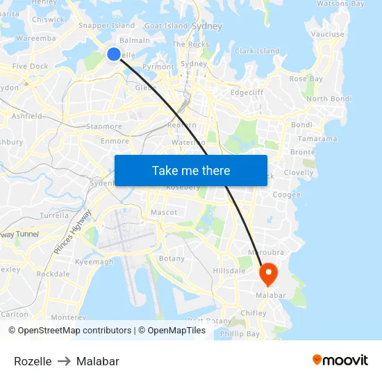 Rozelle to Malabar map