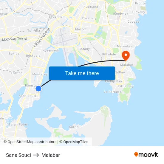 Sans Souci to Malabar map
