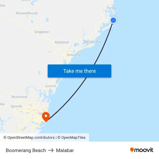 Boomerang Beach to Malabar map