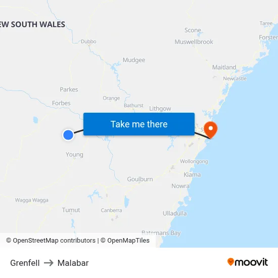 Grenfell to Malabar map