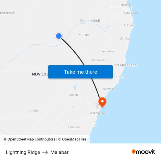 Lightning Ridge to Malabar map