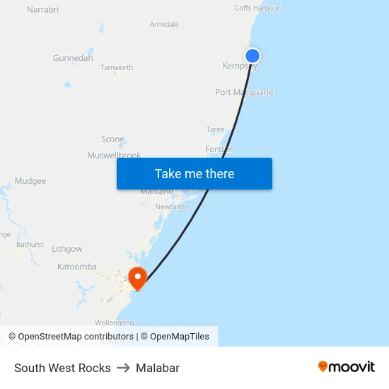 South West Rocks to Malabar map
