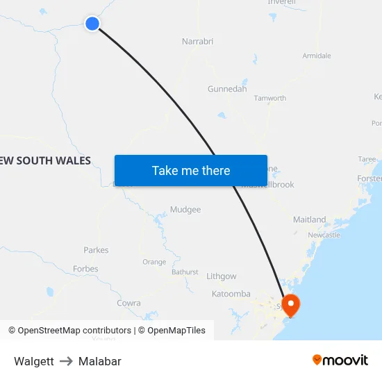 Walgett to Malabar map