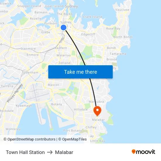Town Hall Station to Malabar map