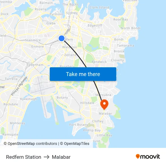 Redfern Station to Malabar map