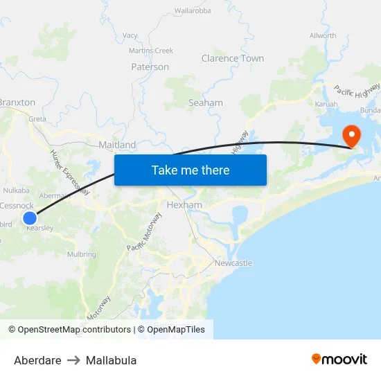 Aberdare to Mallabula map