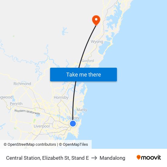 Central Station, Elizabeth St, Stand E to Mandalong map