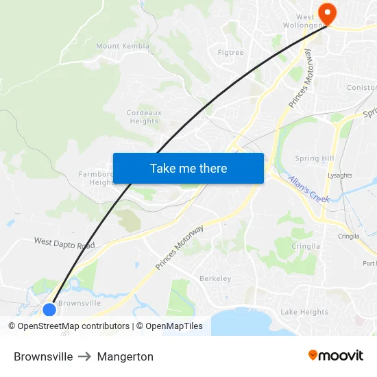 Brownsville to Mangerton map
