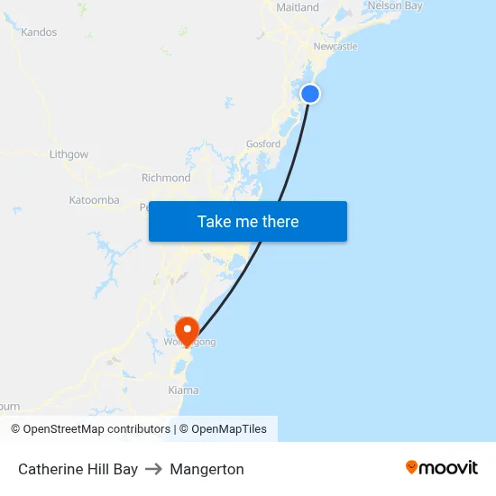 Catherine Hill Bay to Mangerton map