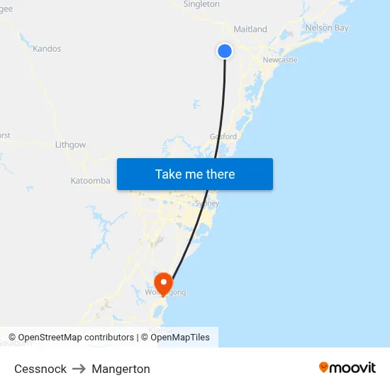 Cessnock to Mangerton map