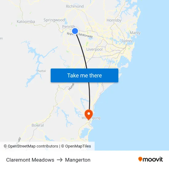 Claremont Meadows to Mangerton map