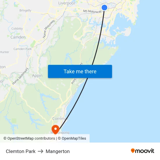 Clemton Park to Mangerton map