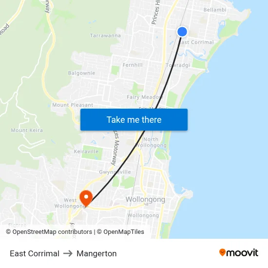 East Corrimal to Mangerton map