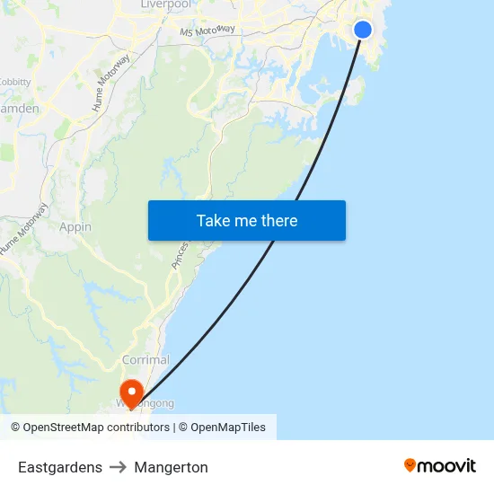 Eastgardens to Mangerton map