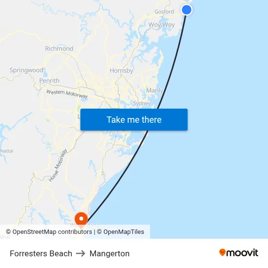 Forresters Beach to Mangerton map