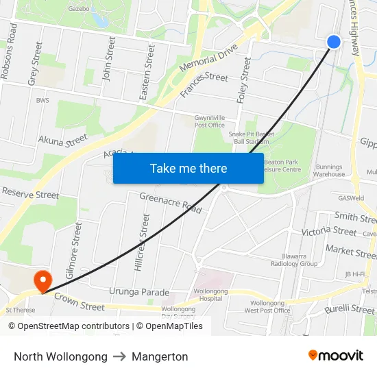 North Wollongong to Mangerton map