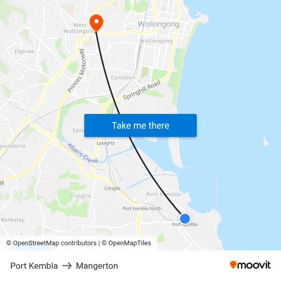 Port Kembla to Mangerton map