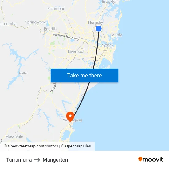 Turramurra to Mangerton map