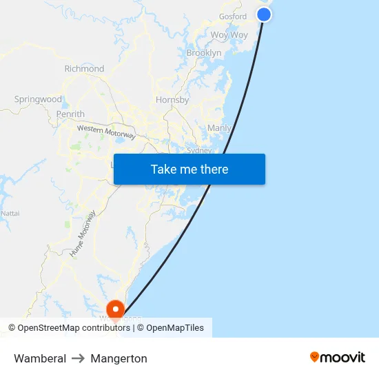 Wamberal to Mangerton map