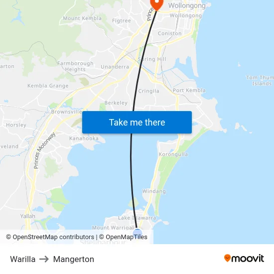 Warilla to Mangerton map