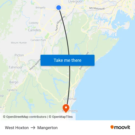 West Hoxton to Mangerton map