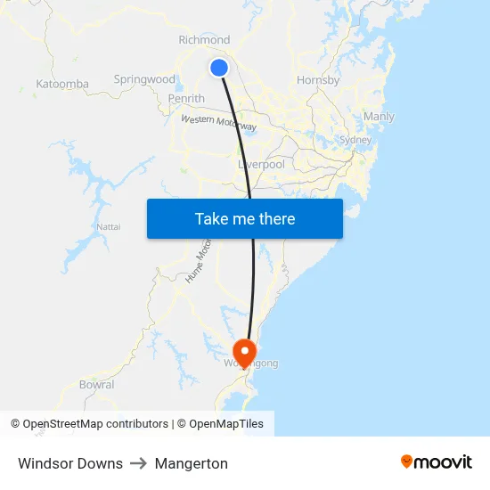 Windsor Downs to Mangerton map
