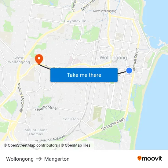 Wollongong to Mangerton map