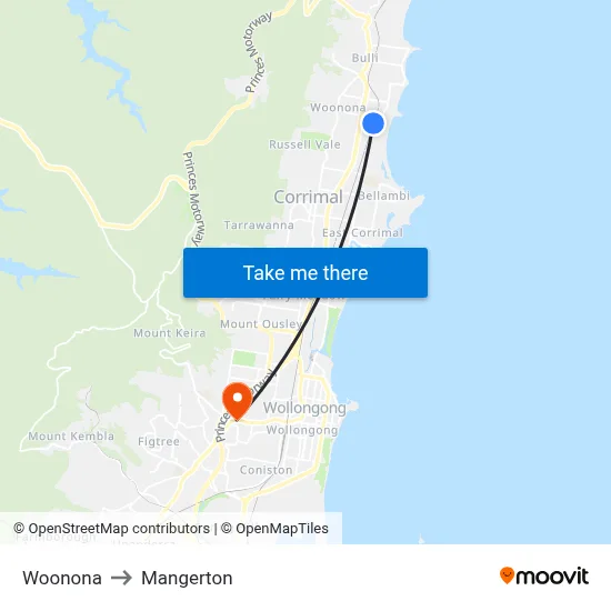 Woonona to Mangerton map