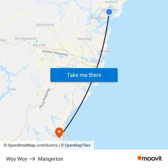Woy Woy to Mangerton map