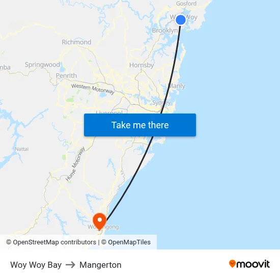 Woy Woy Bay to Mangerton map