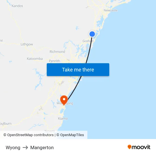 Wyong to Mangerton map