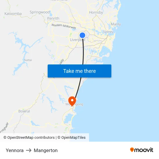 Yennora to Mangerton map