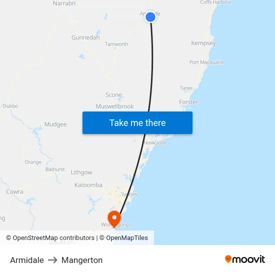 Armidale to Mangerton map